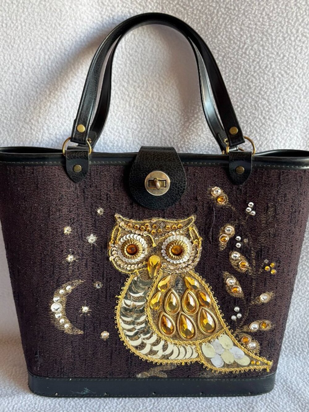 Vintage Night Owl Brown Canvas Beaded Handbag Purse
